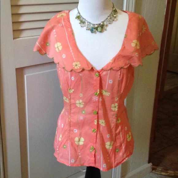 Anthropologie Tops - Anthropologie Coral Floral Blouse Size Small